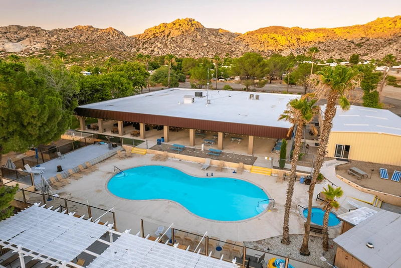 Aerial view of the pool area at Deanza Springs